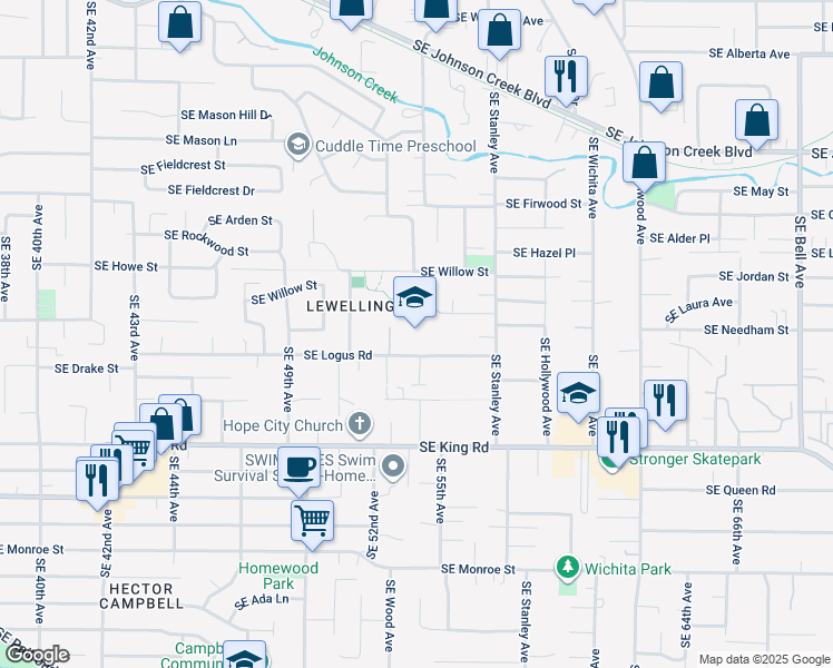 map of restaurants, bars, coffee shops, grocery stores, and more near 5325 Southeast Logus Road in Milwaukie