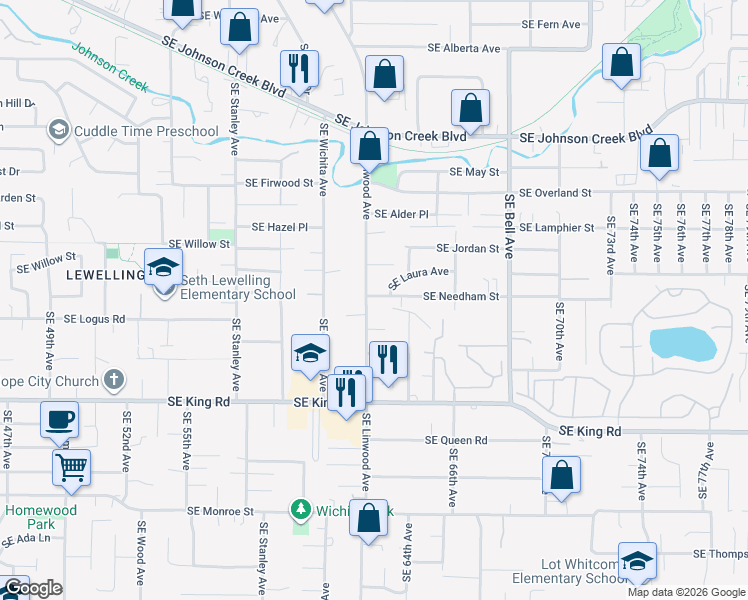 map of restaurants, bars, coffee shops, grocery stores, and more near 9900 Southeast Linwood Avenue in Milwaukie