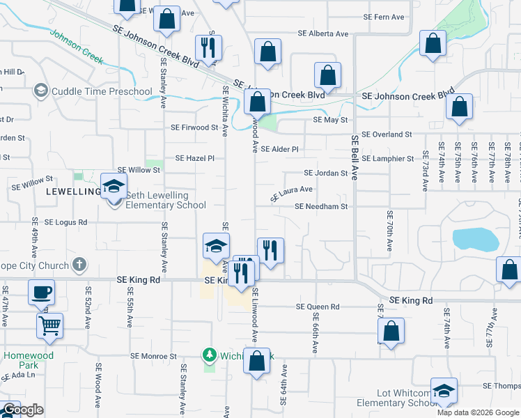 map of restaurants, bars, coffee shops, grocery stores, and more near 9900 Southeast Linwood Avenue in Milwaukie
