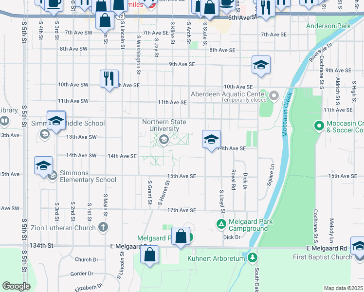 map of restaurants, bars, coffee shops, grocery stores, and more near 1200 South Jay Street in Aberdeen