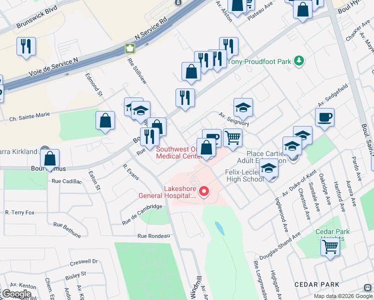 map of restaurants, bars, coffee shops, grocery stores, and more near 242 Avenue Stillview in Pointe-Claire