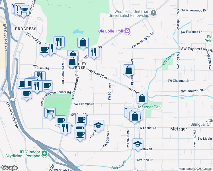 map of restaurants, bars, coffee shops, grocery stores, and more near 9560 Southwest 91st Avenue in Portland