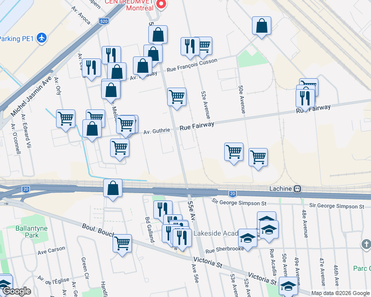 map of restaurants, bars, coffee shops, grocery stores, and more near 1300 55e Avenue in Montréal