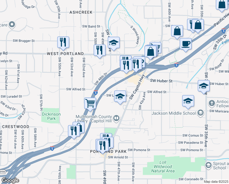 map of restaurants, bars, coffee shops, grocery stores, and more near 4725 Southwest Luradel Street in Portland