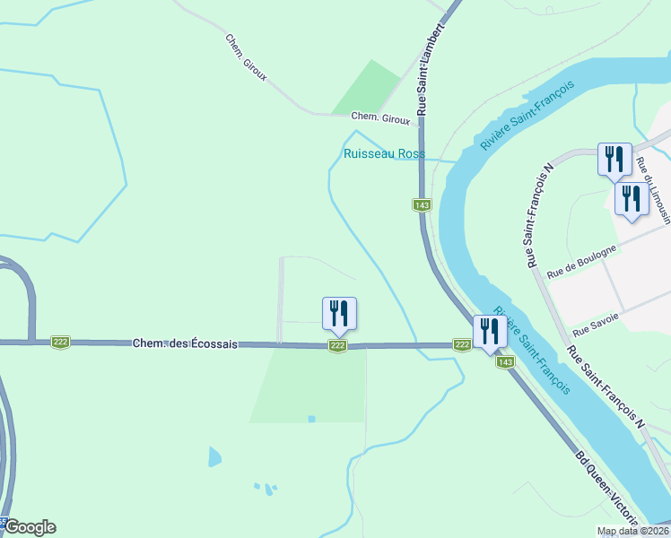 map of restaurants, bars, coffee shops, grocery stores, and more near Boulevard du Prince-De Galles in Sherbrooke