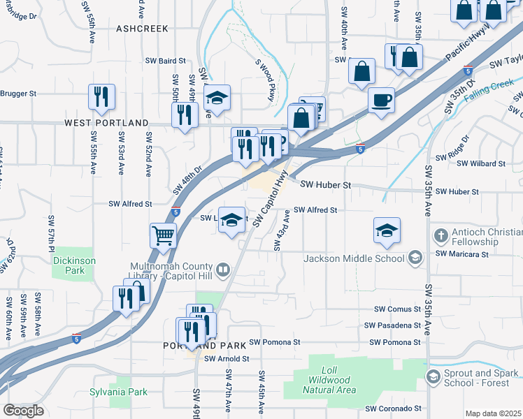 map of restaurants, bars, coffee shops, grocery stores, and more near 10230 Southwest Capitol Highway in Portland