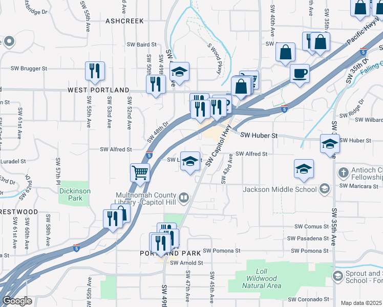 map of restaurants, bars, coffee shops, grocery stores, and more near 10290 Southwest Barbur Boulevard in Portland