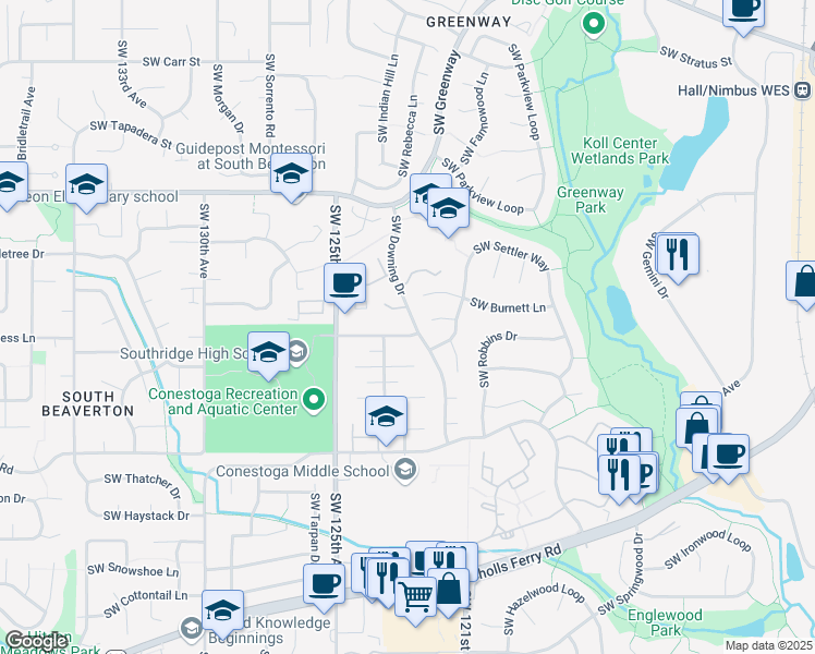 map of restaurants, bars, coffee shops, grocery stores, and more near 12125 Southwest Keas Court in Beaverton