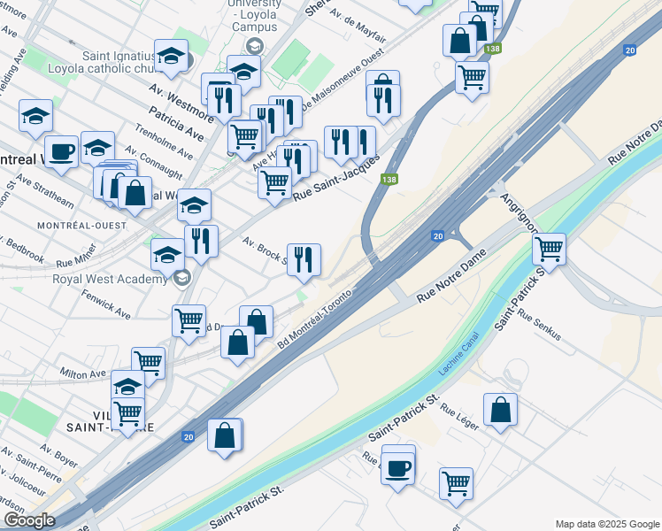 map of restaurants, bars, coffee shops, grocery stores, and more near 255 Avenue Brock Sud in Montréal