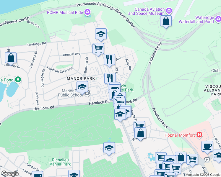 map of restaurants, bars, coffee shops, grocery stores, and more near 293 Saint Laurent Boulevard in Ottawa