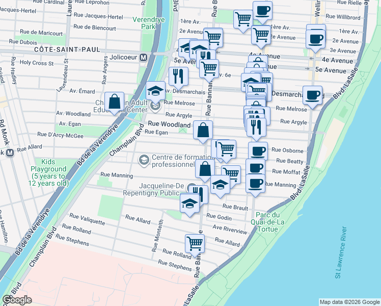 map of restaurants, bars, coffee shops, grocery stores, and more near 1015 Rue Beatty in Montréal