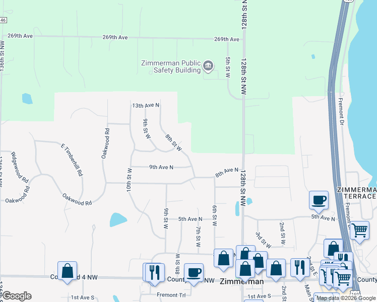 map of restaurants, bars, coffee shops, grocery stores, and more near 26521 8th Street West in Zimmerman