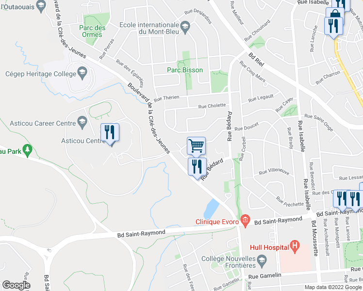 map of restaurants, bars, coffee shops, grocery stores, and more near 162 Rue Doucet in Gatineau
