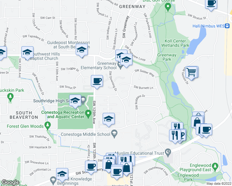 map of restaurants, bars, coffee shops, grocery stores, and more near 9555 Southwest Downing Drive in Beaverton