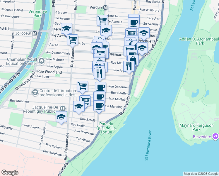 map of restaurants, bars, coffee shops, grocery stores, and more near 546 Rue Osborne in Montréal