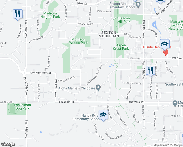 map of restaurants, bars, coffee shops, grocery stores, and more near 9471 Southwest 164th Avenue in Beaverton