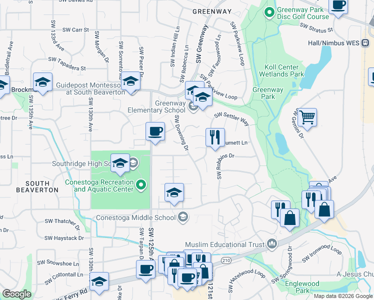 map of restaurants, bars, coffee shops, grocery stores, and more near 9555 Southwest Downing Drive in Beaverton