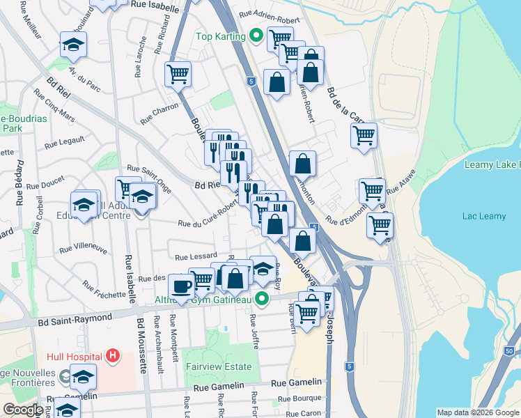 map of restaurants, bars, coffee shops, grocery stores, and more near 618 Boulevard Saint-Joseph in Gatineau