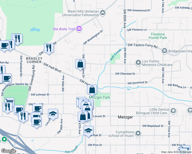 map of restaurants, bars, coffee shops, grocery stores, and more near 8521 Southwest Lizzie Court in Portland