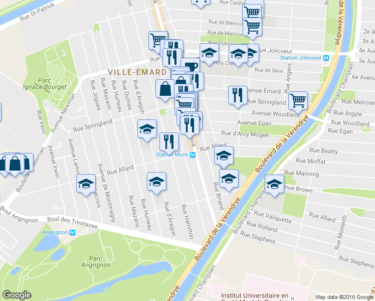 map of restaurants, bars, coffee shops, grocery stores, and more near 2421 Rue Allard in Montréal