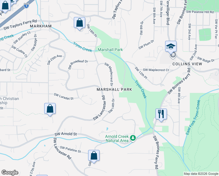 map of restaurants, bars, coffee shops, grocery stores, and more near 1322 Southwest Maplecrest Drive in Portland