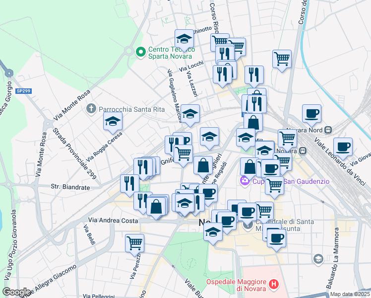map of restaurants, bars, coffee shops, grocery stores, and more near 21 Via Guglielmo Marconi in Novara