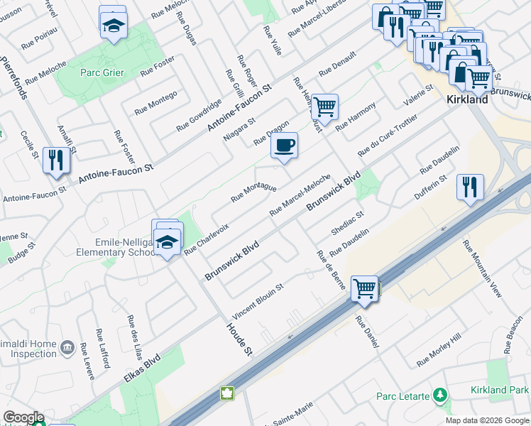 map of restaurants, bars, coffee shops, grocery stores, and more near 53 Rue Marcel-Meloche in Kirkland