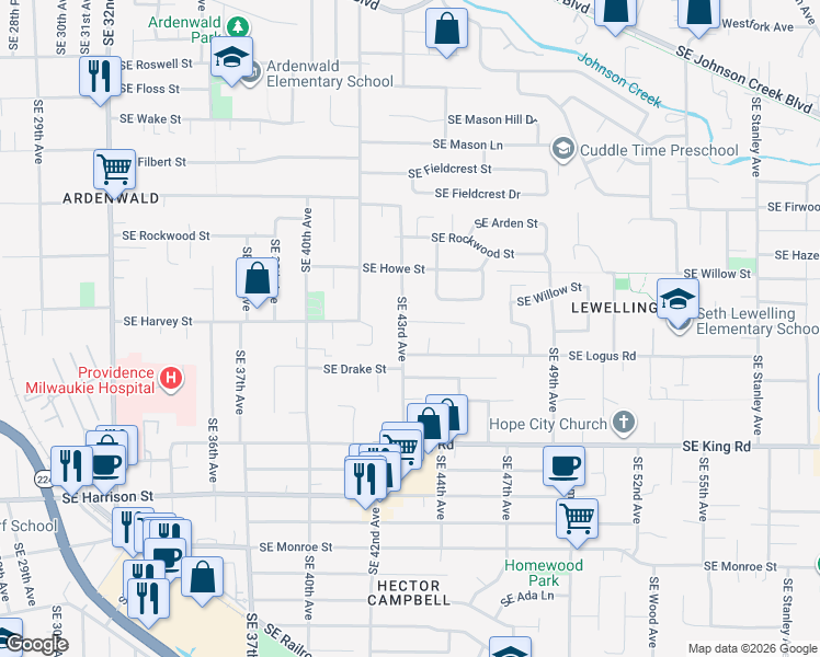 map of restaurants, bars, coffee shops, grocery stores, and more near 4357 Southeast Melody Lane in Milwaukie