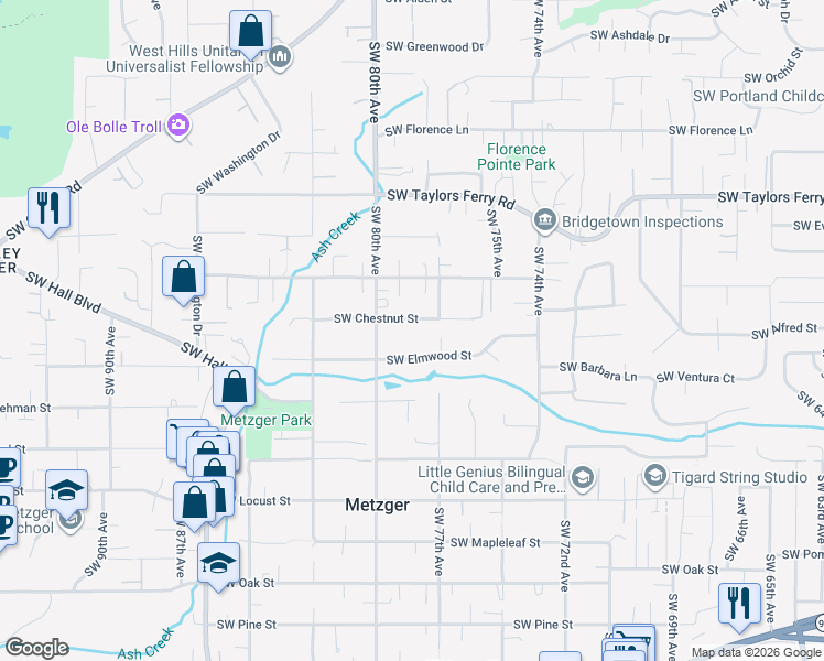 map of restaurants, bars, coffee shops, grocery stores, and more near 7763 Southwest Chestnut Street in Portland