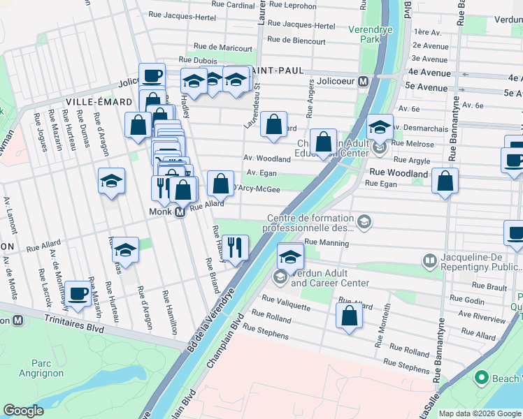 map of restaurants, bars, coffee shops, grocery stores, and more near 1712 Rue Allard in Montréal
