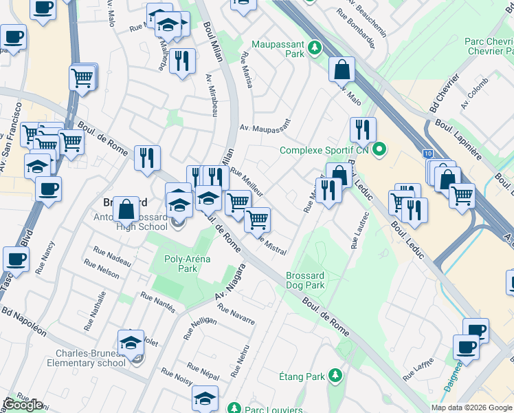 map of restaurants, bars, coffee shops, grocery stores, and more near 7620 Place Mauriac in Brossard