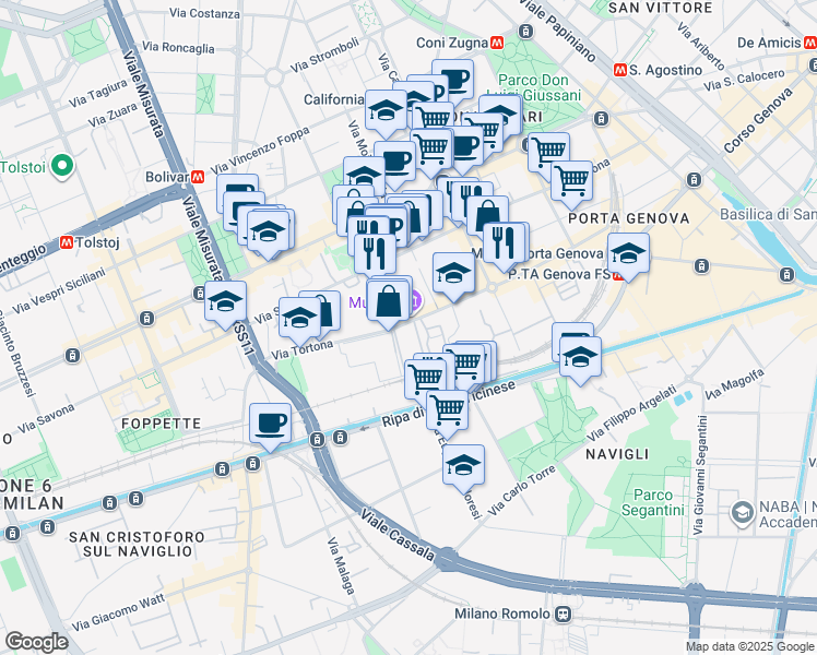 map of restaurants, bars, coffee shops, grocery stores, and more near 33 Via Tortona in Milano