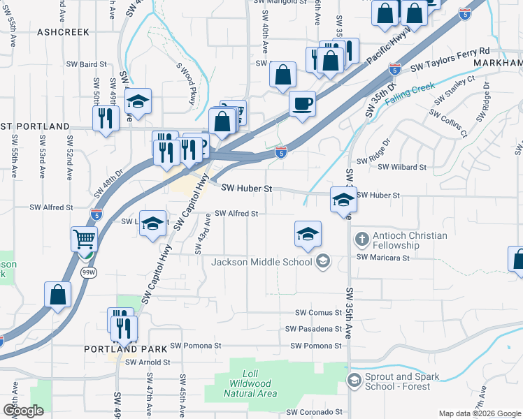map of restaurants, bars, coffee shops, grocery stores, and more near 10151 Southwest 40th Avenue in Portland