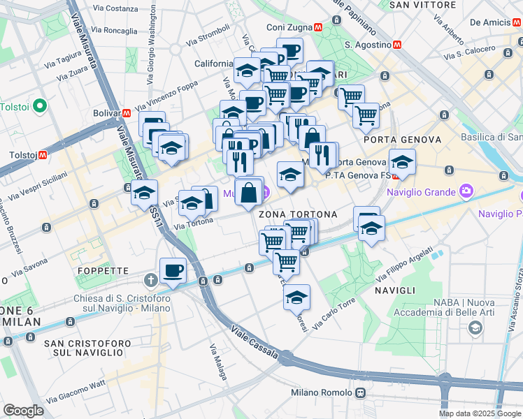 map of restaurants, bars, coffee shops, grocery stores, and more near 33 Via Tortona in Milano