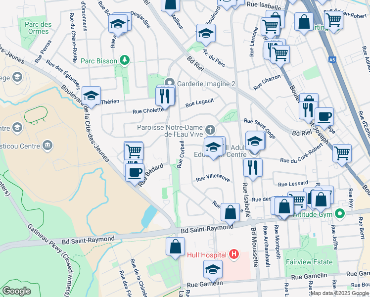 map of restaurants, bars, coffee shops, grocery stores, and more near 66 Rue Corbeil in Gatineau
