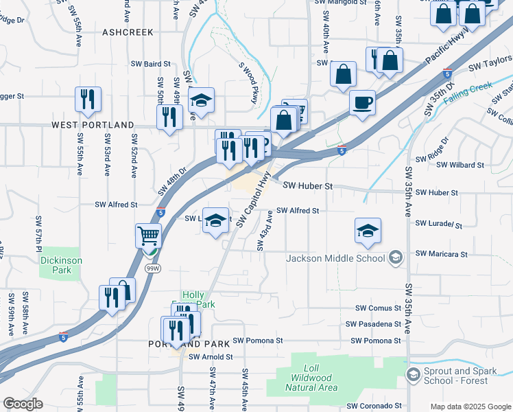 map of restaurants, bars, coffee shops, grocery stores, and more near 10230 Southwest Capitol Highway in Portland