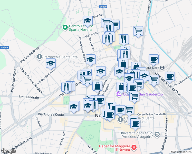 map of restaurants, bars, coffee shops, grocery stores, and more near 2 Via Mario Campagnoli in Novara