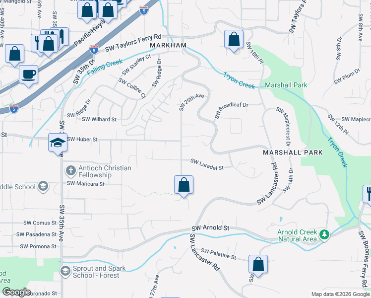 map of restaurants, bars, coffee shops, grocery stores, and more near 2432 Southwest Huber Court in Portland