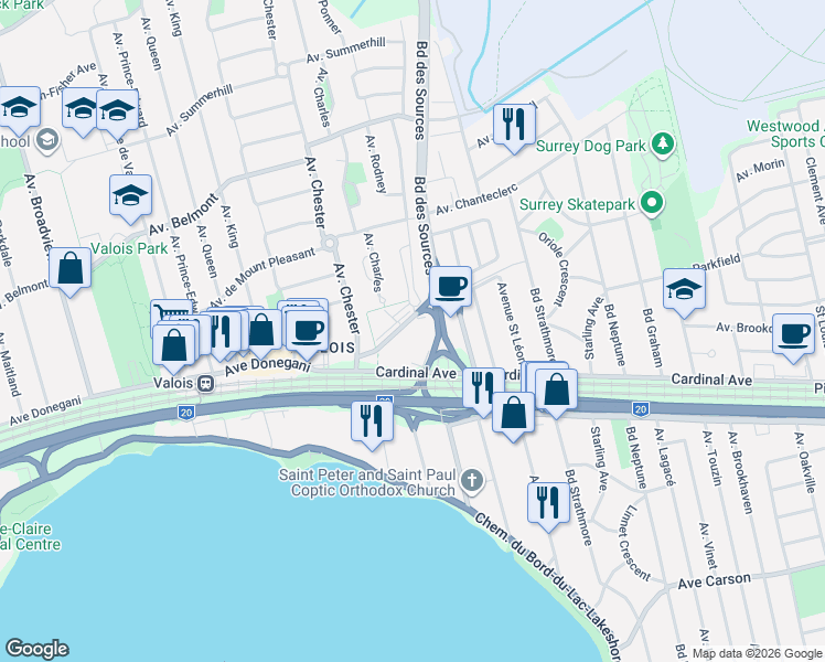 map of restaurants, bars, coffee shops, grocery stores, and more near 4 Avenue Donegani in Pointe-Claire