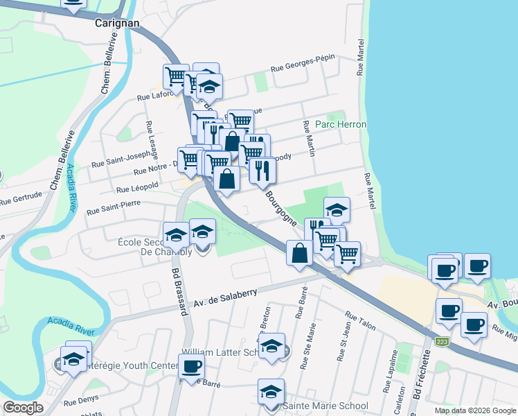 map of restaurants, bars, coffee shops, grocery stores, and more near 1370 Avenue Bourgogne in Chambly