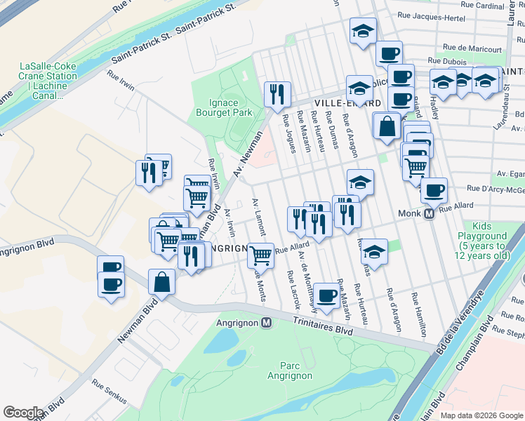 map of restaurants, bars, coffee shops, grocery stores, and more near 6576 Avenue Lamont in Montréal