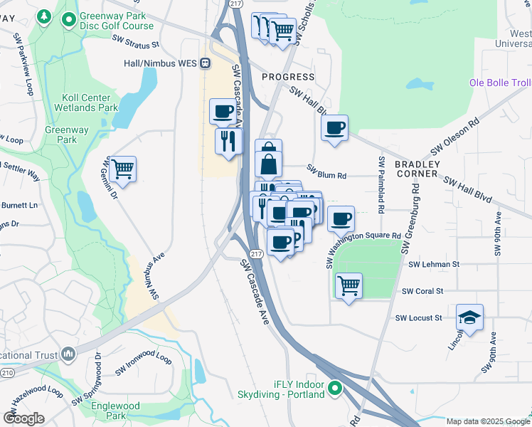 map of restaurants, bars, coffee shops, grocery stores, and more near 10098 Southwest Washington Square Road in Tigard
