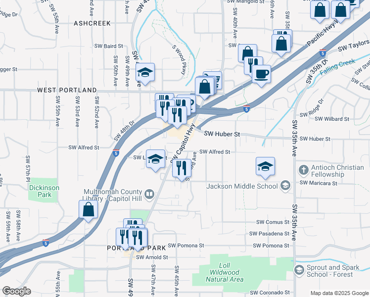 map of restaurants, bars, coffee shops, grocery stores, and more near 10230 Southwest Capitol Highway in Portland