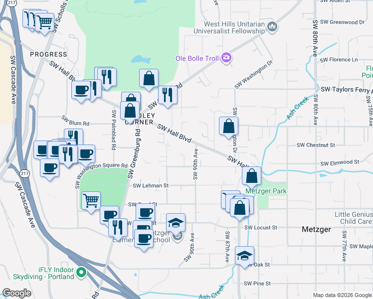 map of restaurants, bars, coffee shops, grocery stores, and more near 9560 Southwest 91st Avenue in Portland