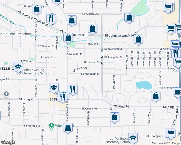 map of restaurants, bars, coffee shops, grocery stores, and more near 6605 Southeast Needham Street in Milwaukie