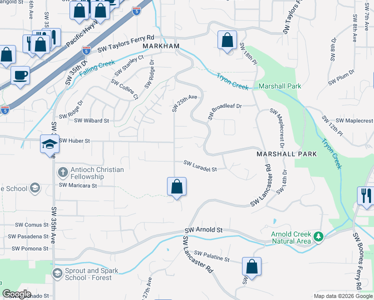 map of restaurants, bars, coffee shops, grocery stores, and more near 2325 Southwest Huber Court in Portland