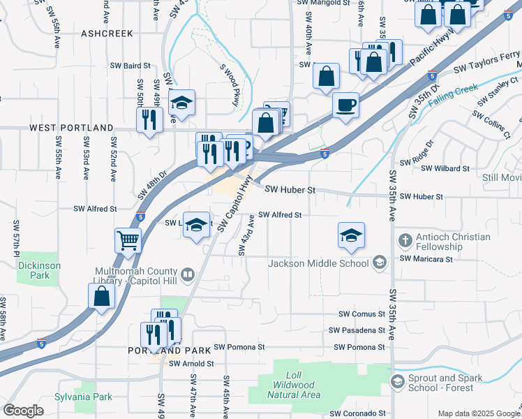 map of restaurants, bars, coffee shops, grocery stores, and more near 4244 Southwest Huber Street in Portland