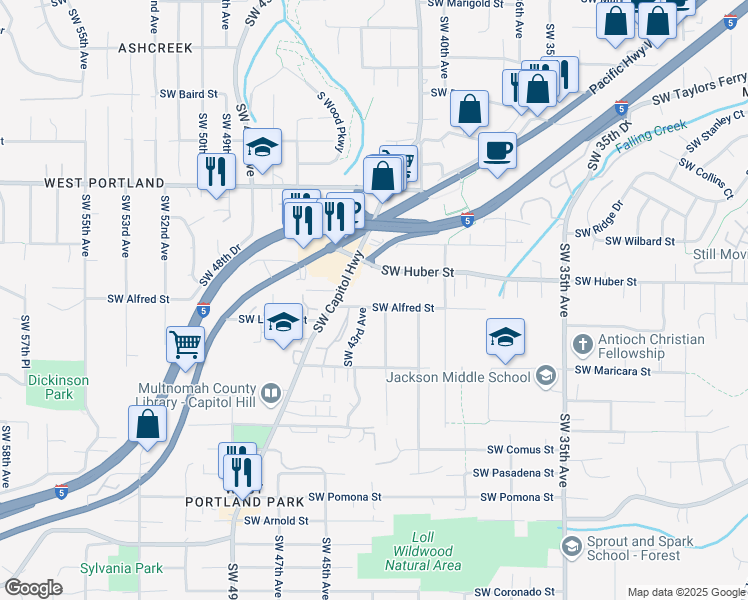 map of restaurants, bars, coffee shops, grocery stores, and more near 4244 Southwest Huber Street in Portland