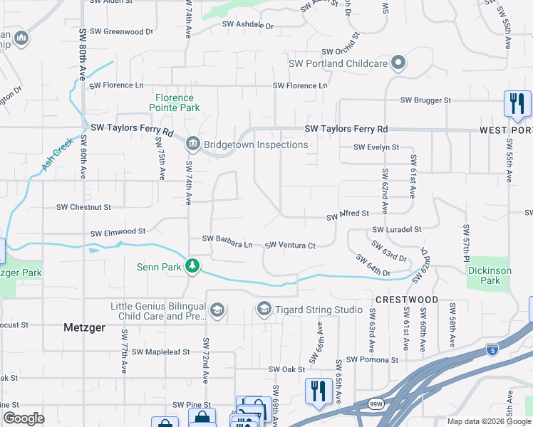 map of restaurants, bars, coffee shops, grocery stores, and more near 9465 Southwest 70th Avenue in Tigard