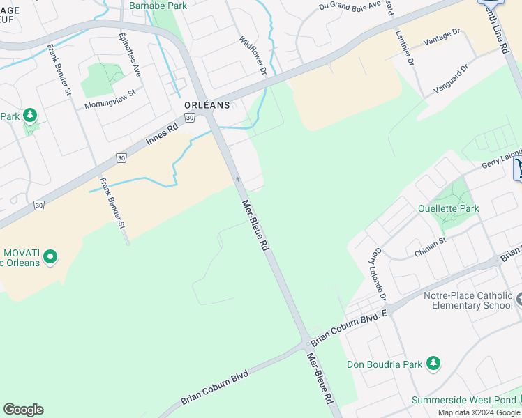map of restaurants, bars, coffee shops, grocery stores, and more near 2127 Mer-Bleue Road in Ottawa
